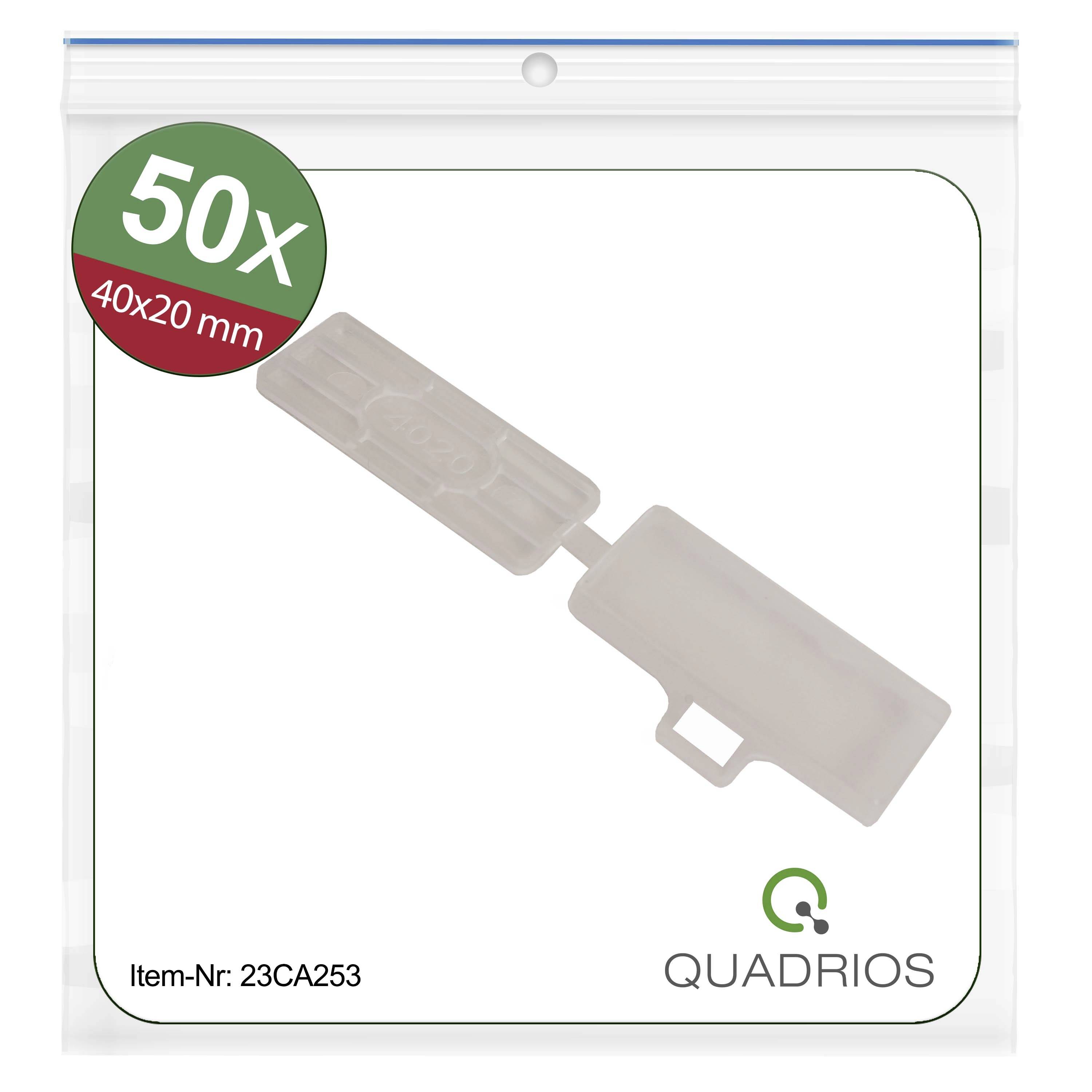 Étiquettes en plastique, 40x20 mm, 50 pièces, dans un emballage transparent portant l'inscription 'QUADRIOS'.