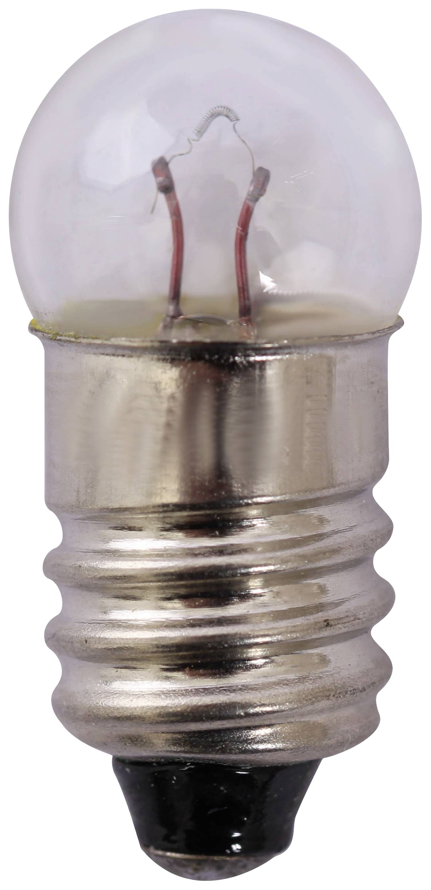 Une petite ampoule avec un culot métallique et un boîtier en verre, utilisée pour des éclairages simples ou des lampes de poche.