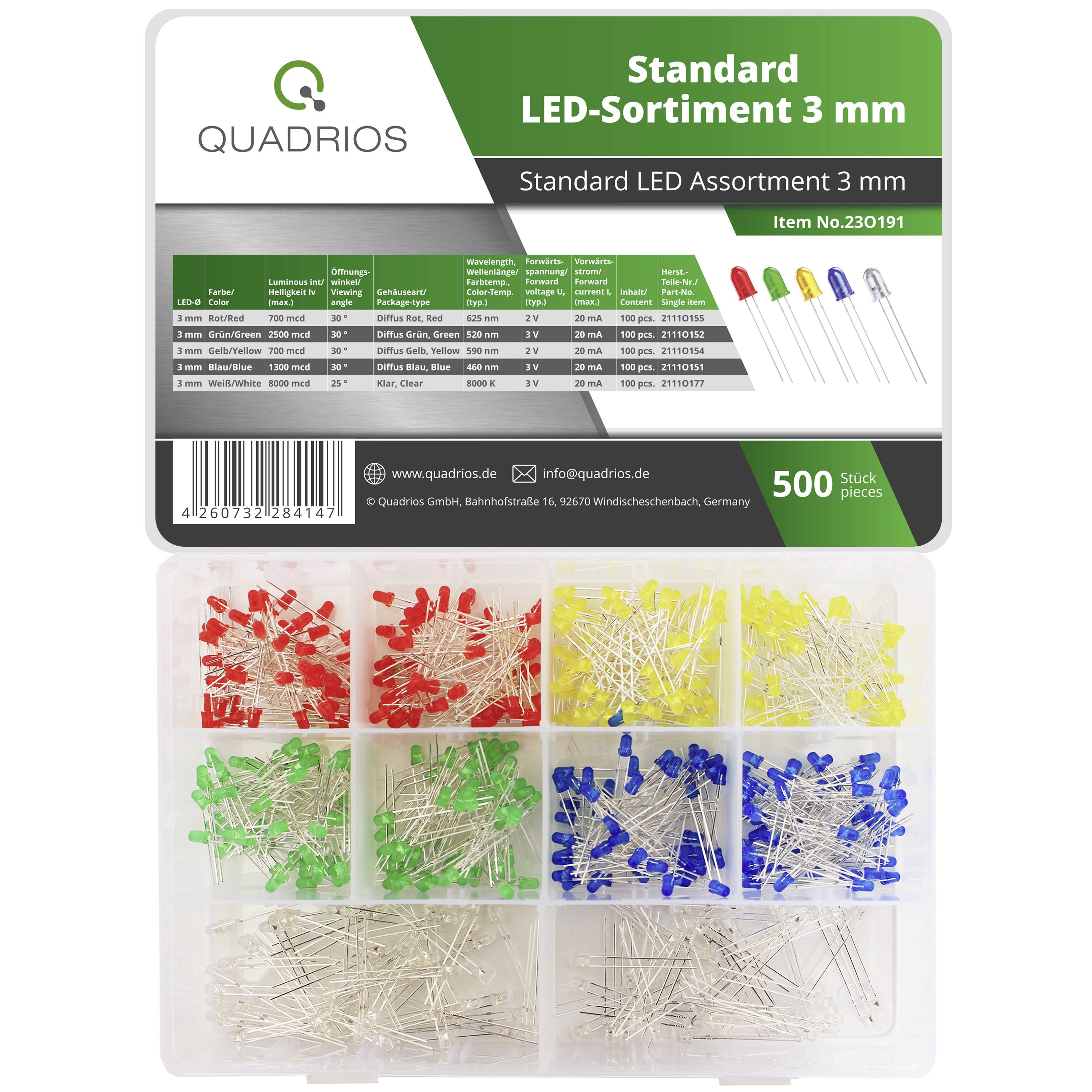 Quadrios 23O191 Assortiment de LEDs rouge, vert, jaune, bleu, blanc 3 mm 20 mA 2 V, 3 V