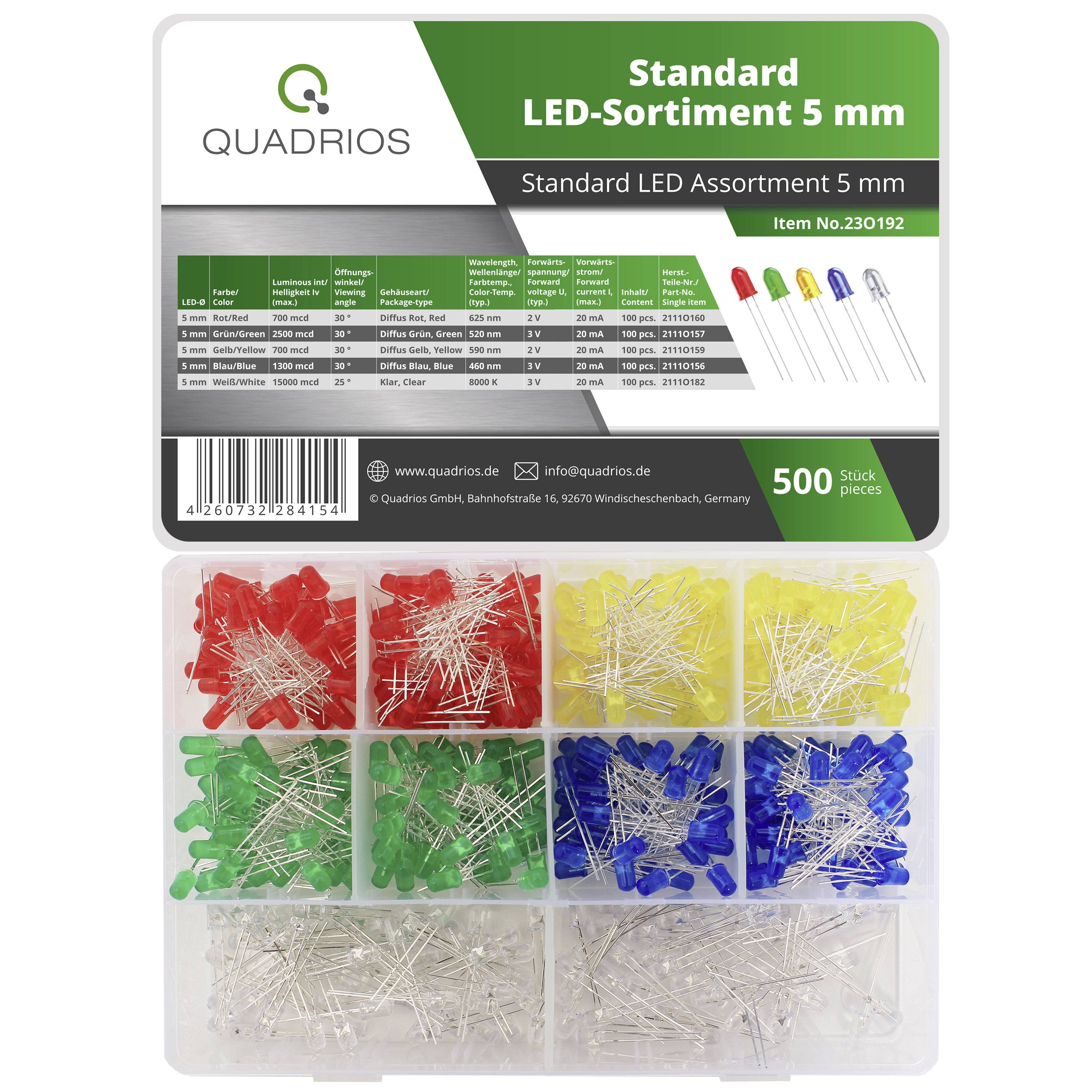 Quadrios 23O192 Assortiment de LEDs rouge, vert, jaune, bleu, blanc 5 mm 20 mA 2 V, 3 V