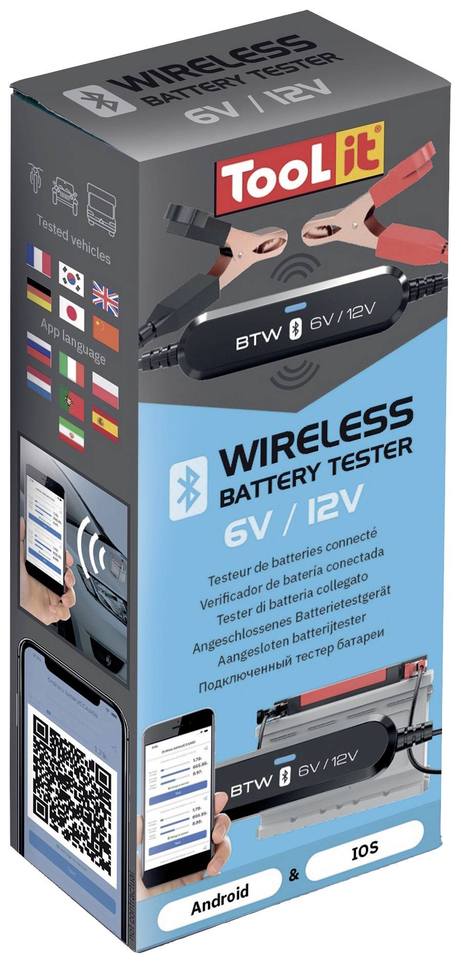 Toolit BTW Testeur de batterie de voiture 6 V, 12 V test de batterie, contrôle alternateur, connexion Bluetooth, surveillance de