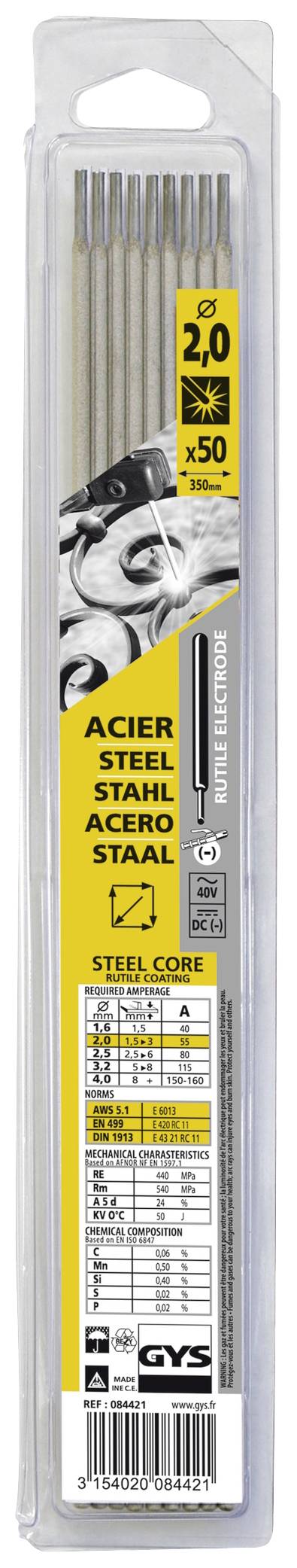 GYS Ruti-Stahl Électrodes de soudage 50 pc(s) (Ø x L) 2 mm x 300 mm 55 A (max.)
