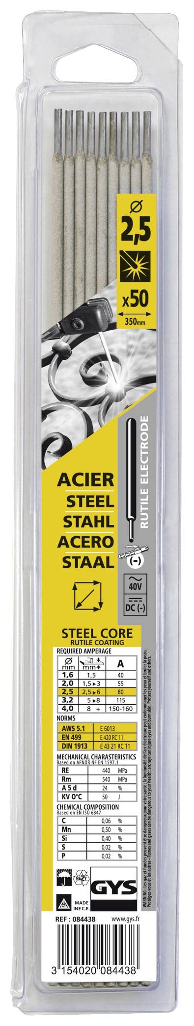 GYS Ruti-Stahl Électrodes de soudage 50 pc(s) (Ø x L) 2.5 mm x 300 mm 80 A (max.)