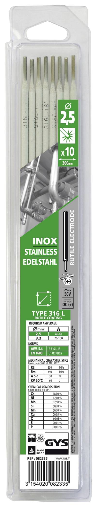 GYS Edelstahl Électrodes de soudage 10 pc(s) (Ø x L) 2.5 mm x 350 mm 40 - 80 A