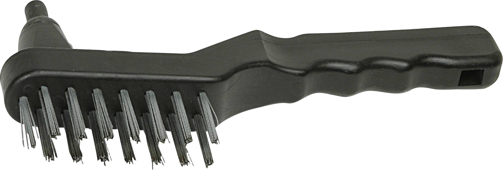 Brosse de nettoyage noire avec des poils rigides et une poignée ergonomique, conçue pour éliminer les saletés ou la rouille des surfaces.