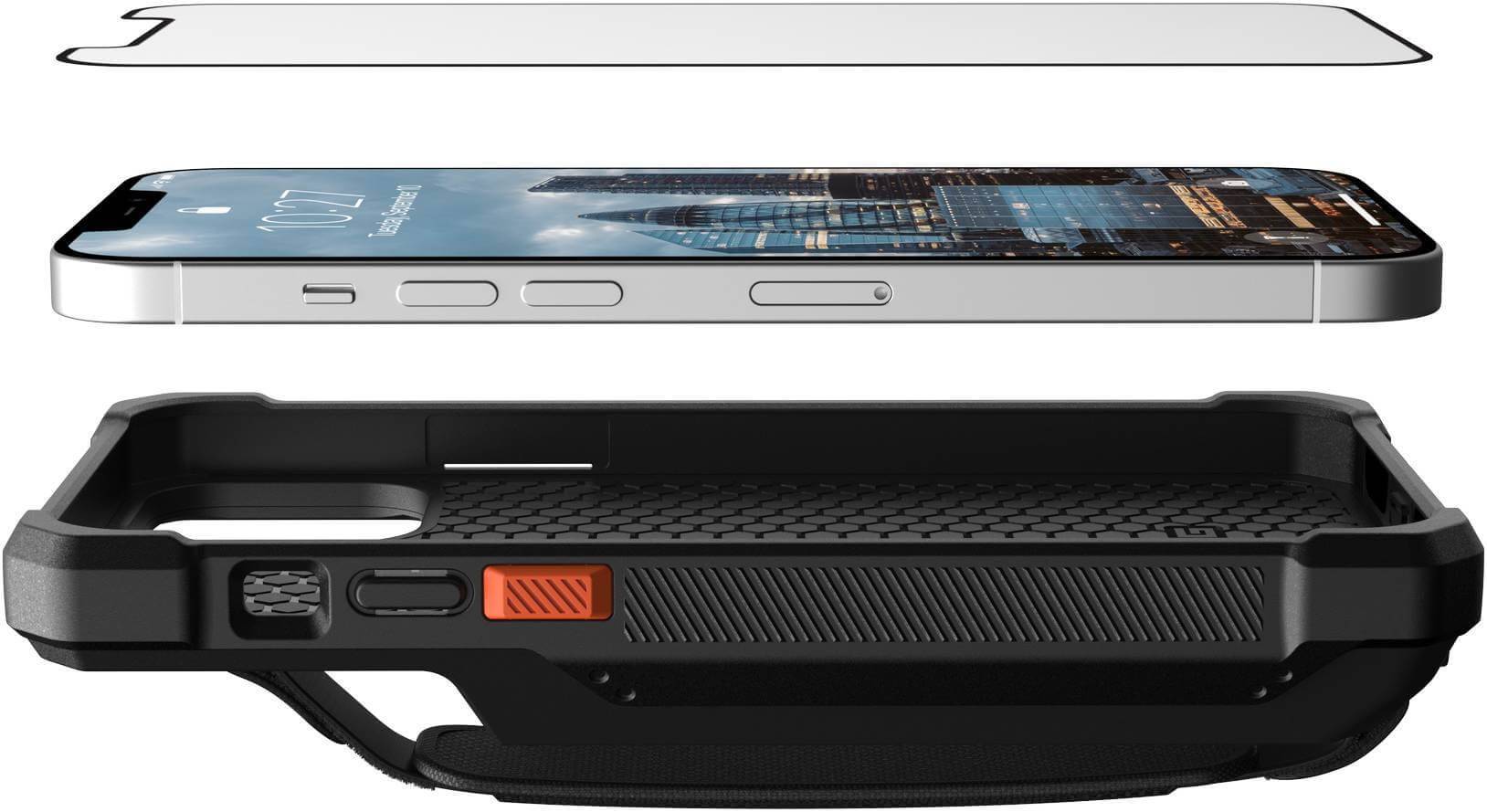 Smartphone avec étui et protection d'écran. Vue latérale montrant les boutons et l'découpe de la caméra sur l'étui.