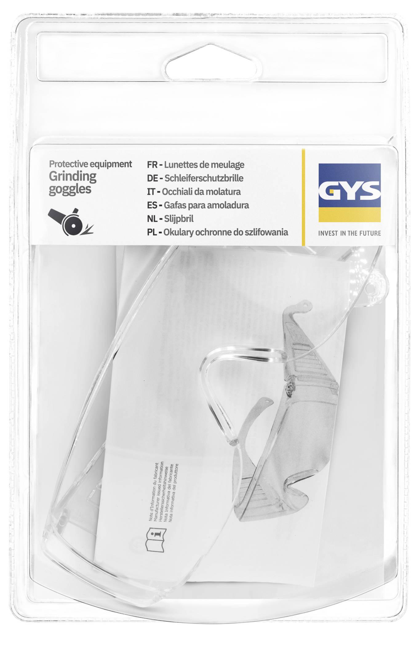 Lunettes de meulage transparentes emballées dans un étui en plastique transparent avec le logo GYS et une étiquette multilingue indiquant « Équipement de protection Lunettes de meulage ».