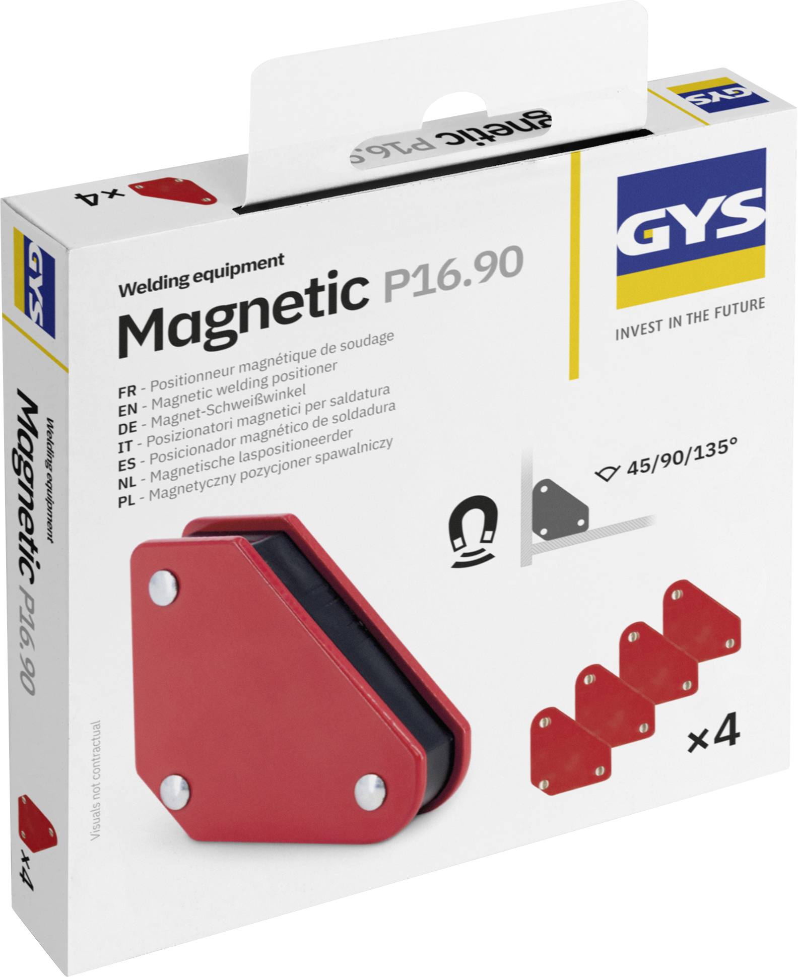 Quatre supports magnétiques rouges pour travaux de soudure dans un boîtier en plastique transparent, présentant des angles de 45°, 90° et 135°.
