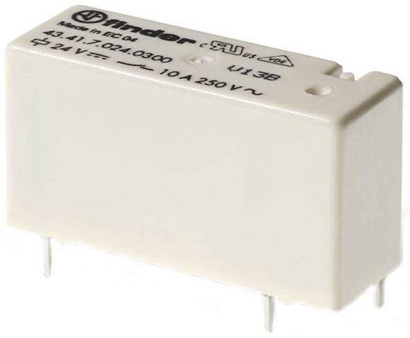 Un relais électronique blanc portant les inscriptions 'Finder', '43.61.7.024.0300', '10A 250V~', '24V='. Il dispose de quatre broches pour les connexions électriques.
