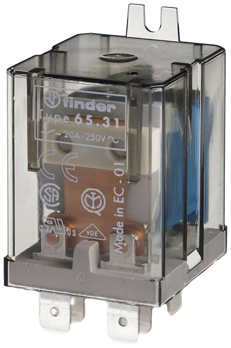 Un relais de type Finder 65.31 transparent, 20A, 250V. L'inscription présente des symboles de certification. Principalement utilisé dans les circuits électriques.
