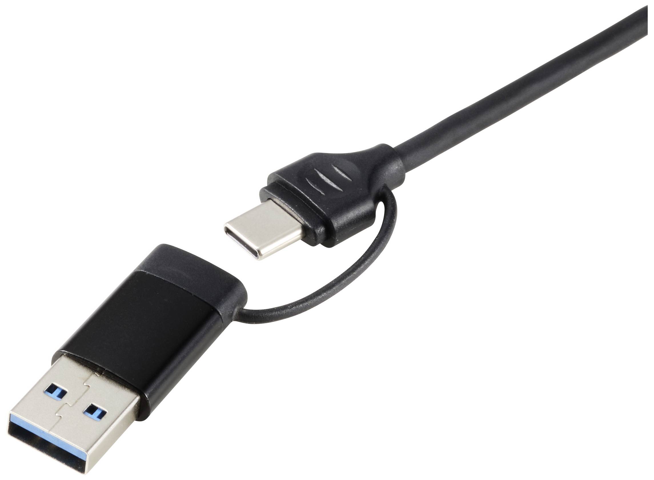 Un câble adaptateur noir de USB-A à USB-C, montrant les deux extrémités des fiches.
