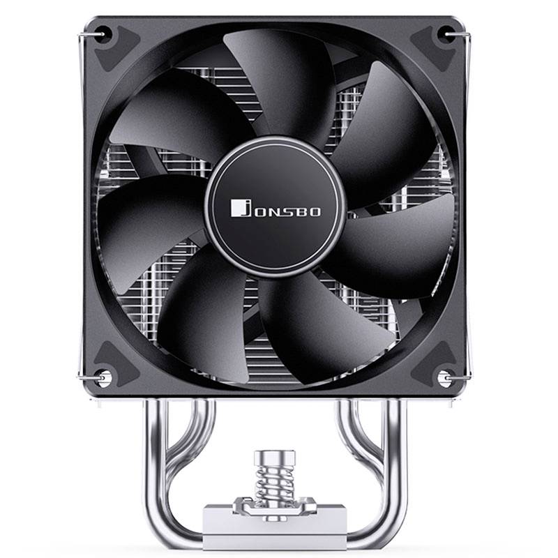 Un dissipateur thermique noir pour processeur avec des pales de ventilateur et un radiateur en argent. Le logo de la marque 'Jonsbo' est visible au centre.