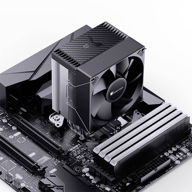 Le dissipateur thermique est placé sur une carte mère d'ordinateur, entouré de modules de mémoire et de composants électroniques.