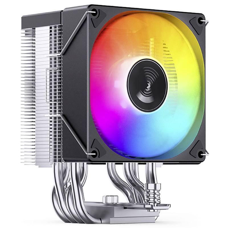 Dissipateur thermique de processeur avec ventilateur RGB intégré et ailettes en métal, adapté au refroidissement des performances informatiques.