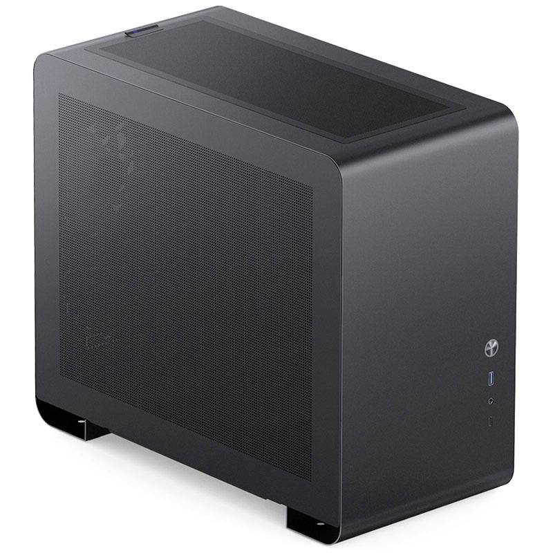 Boîtier d'ordinateur noir, rectangulaire, aux bords arrondis et doté d'une grille de ventilation sur le côté. Comprend des ports sur la façade avant.