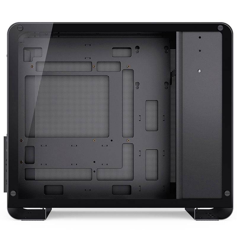 Un intérieur vide de boîtier d'ordinateur avec des supports et des fentes de ventilation visibles, prêt pour l'installation de composants informatiques.