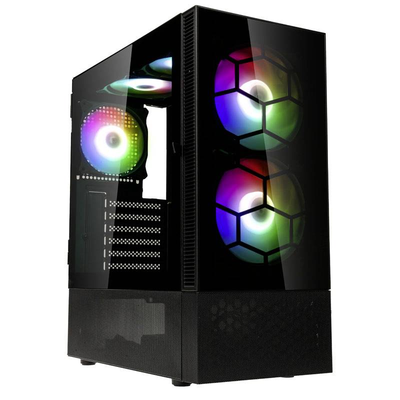 Boîtier d'ordinateur noir avec côté transparent, montrant des ventilateurs RGB colorés à l'intérieur.