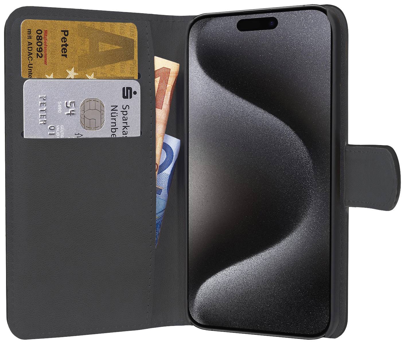 Étui de smartphone avec deux compartiments : un pour les cartes d'identité ou cartes et un autre pour les billets.