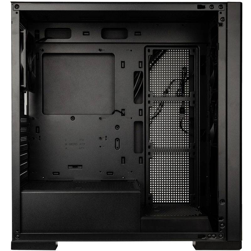 Boîtier PC vide, noir, avec côté ouvert. La chambre principale pour les composants et les emplacements de montage pour les ventilateurs sont visibles.