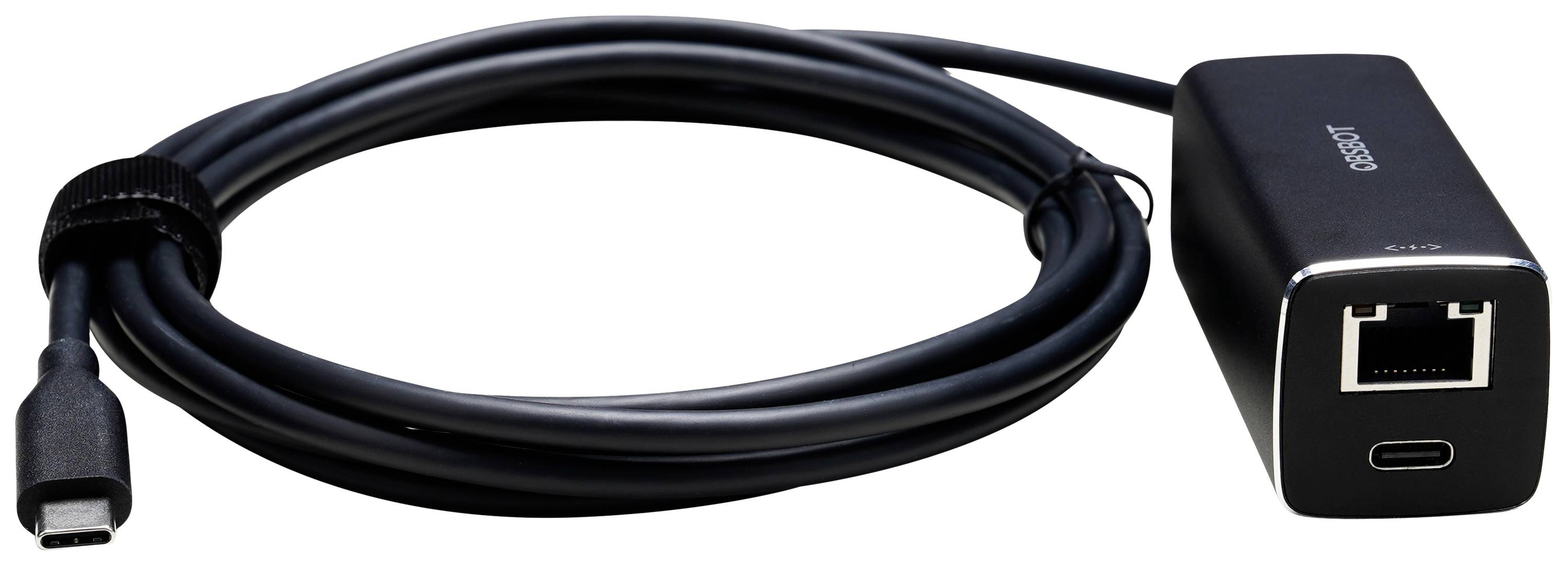 Un adaptateur USB-C vers Ethernet avec un long câble noir. L'adaptateur propose une prise RJ-45 et un port USB-C.