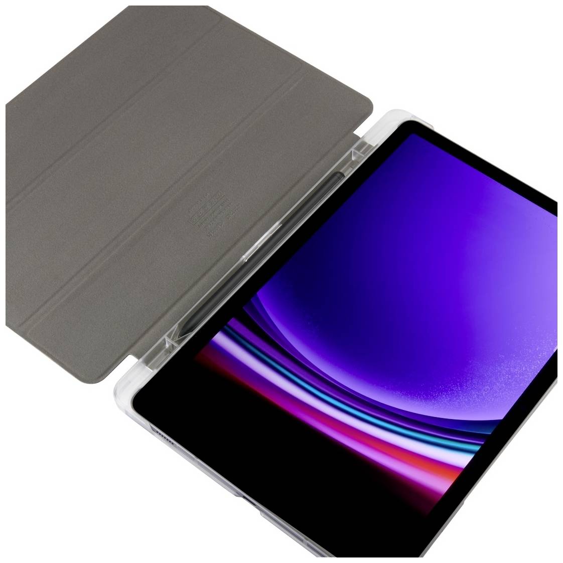 Une tablette avec une housse grise ouverte affiche un écran dynamique présentant des dégradés de couleurs violettes et bleues.