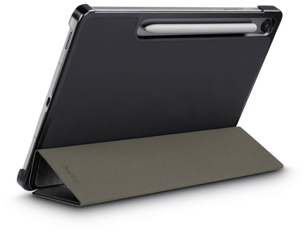 Tablette dans un étui noir, positionnée horizontalement. Un stylet est placé dans un support en haut de l'appareil. Optimal pour les présentations.