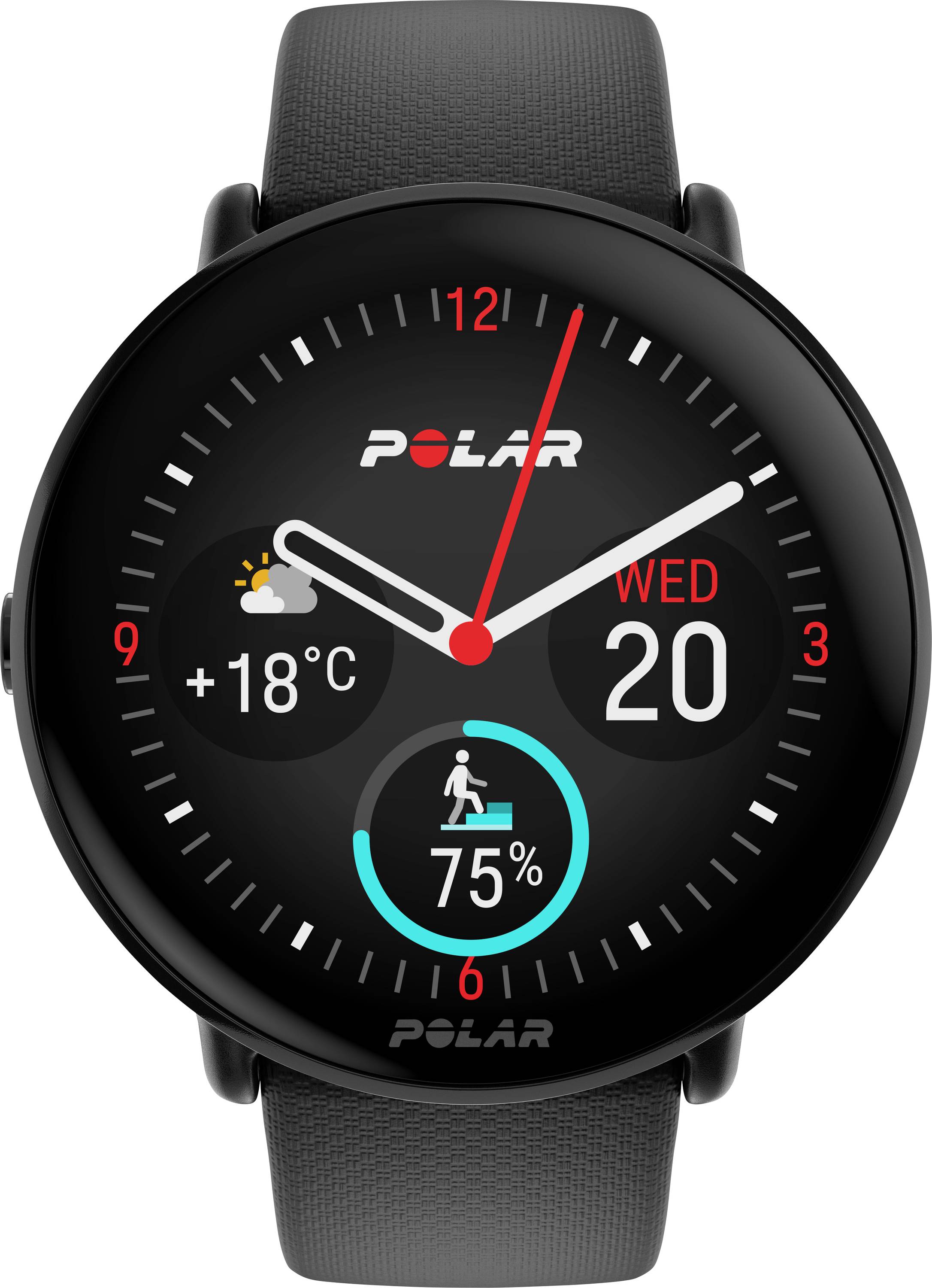 Montre connectée noire à cadran rond. Affiche la date 'Me, 20', température '+18°C', objectif d'activité à 75% et l'heure au format numérique.