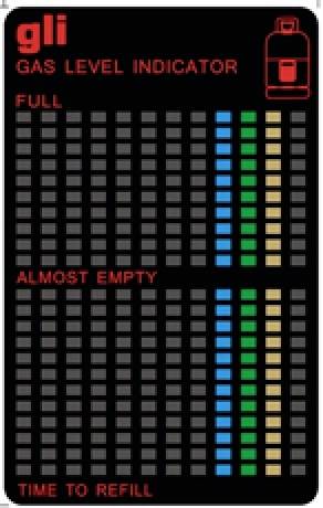 Indicateur de niveau de gaz avec deux rangées : 'Plein' avec des barres bleues et vertes, et 'Presque vide' avec des barres jaunes. Remarque : Remplissage nécessaire.