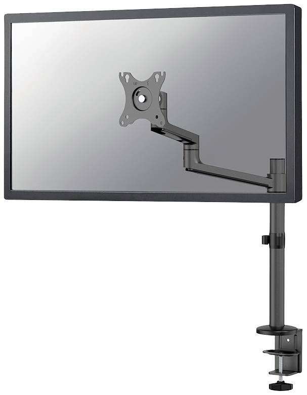 Un bras de moniteur en métal, fixé au bord d'un bureau, supporte un écran. Le bras est réglable et ergonomique.