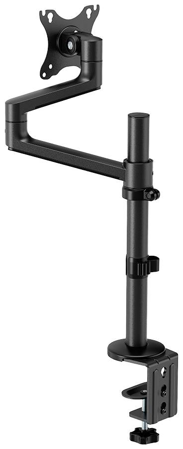 Bras de moniteur noir avec articulation réglable et pince de fixation pour table. Adapté pour supporter un écran.