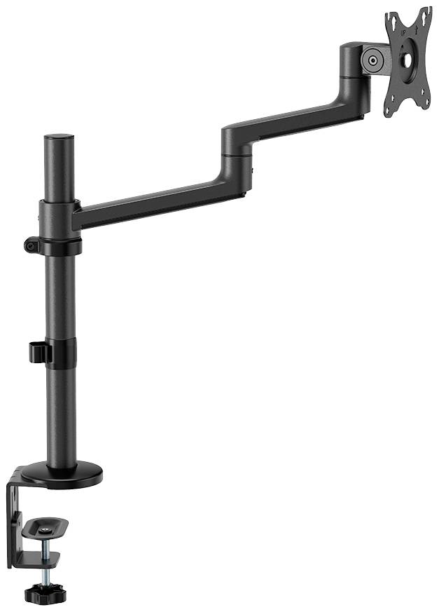 Un bras de support réglable pour moniteur, fixé à une table. Il permet un positionnement flexible et dispose d'un support pour l'écran.
