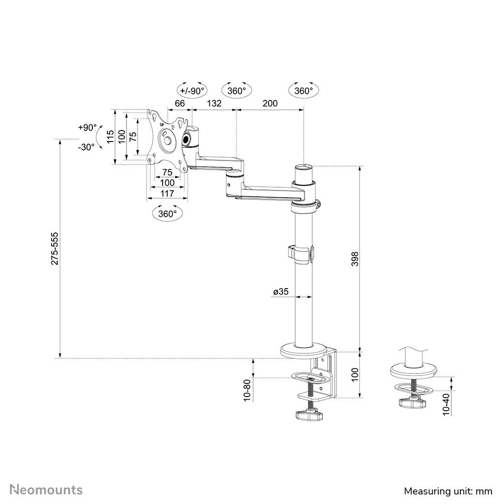 Dessin technique d'un support de moniteur avec des dimensions en millimètres. Les détails montrent les angles, la hauteur et la largeur des composants du support.