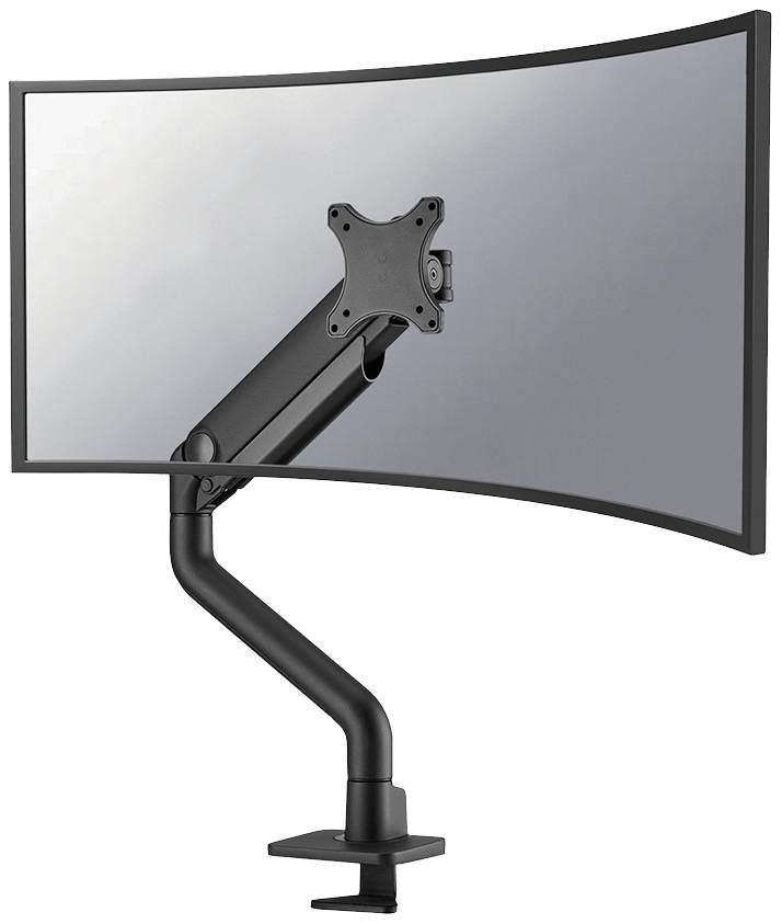 Bras de moniteur noir et ajustable, supportant un écran incurvé, monté sur un bureau. Idéal pour des positionnements d'écran flexibles.