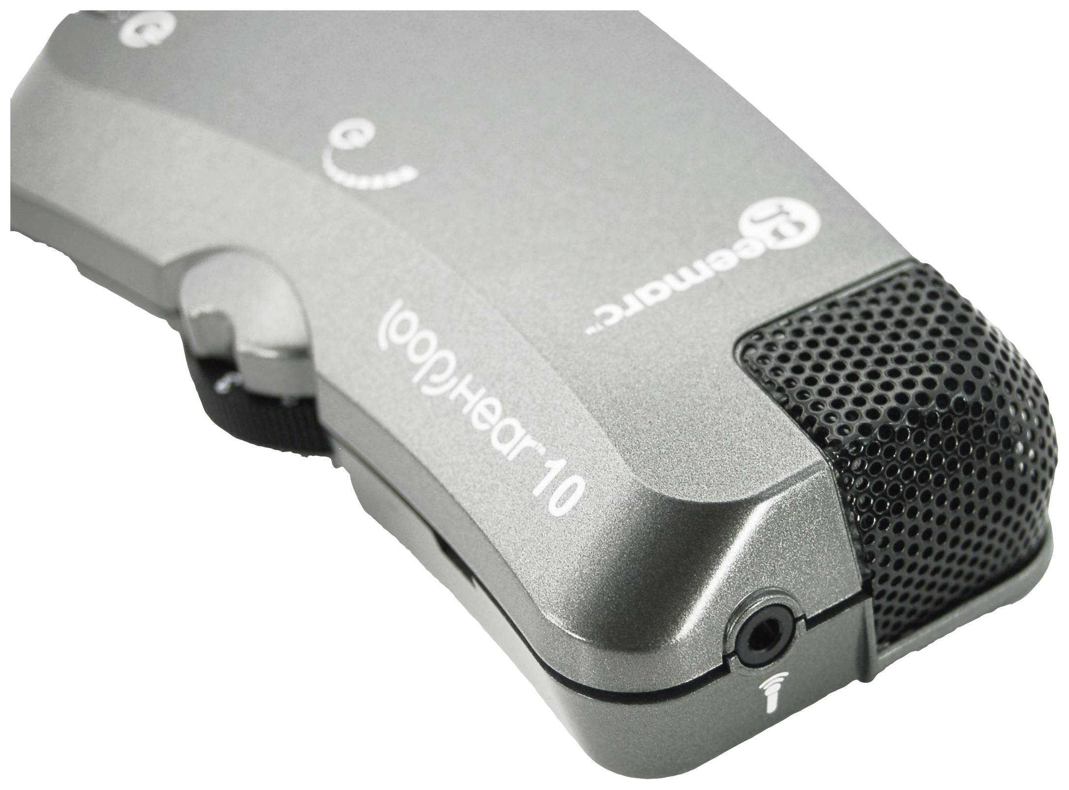 Aide auditive portable avec grille de haut-parleur noire, modèle 'LoopHear10'. Boîtier argenté avec commandes sur le dessus.