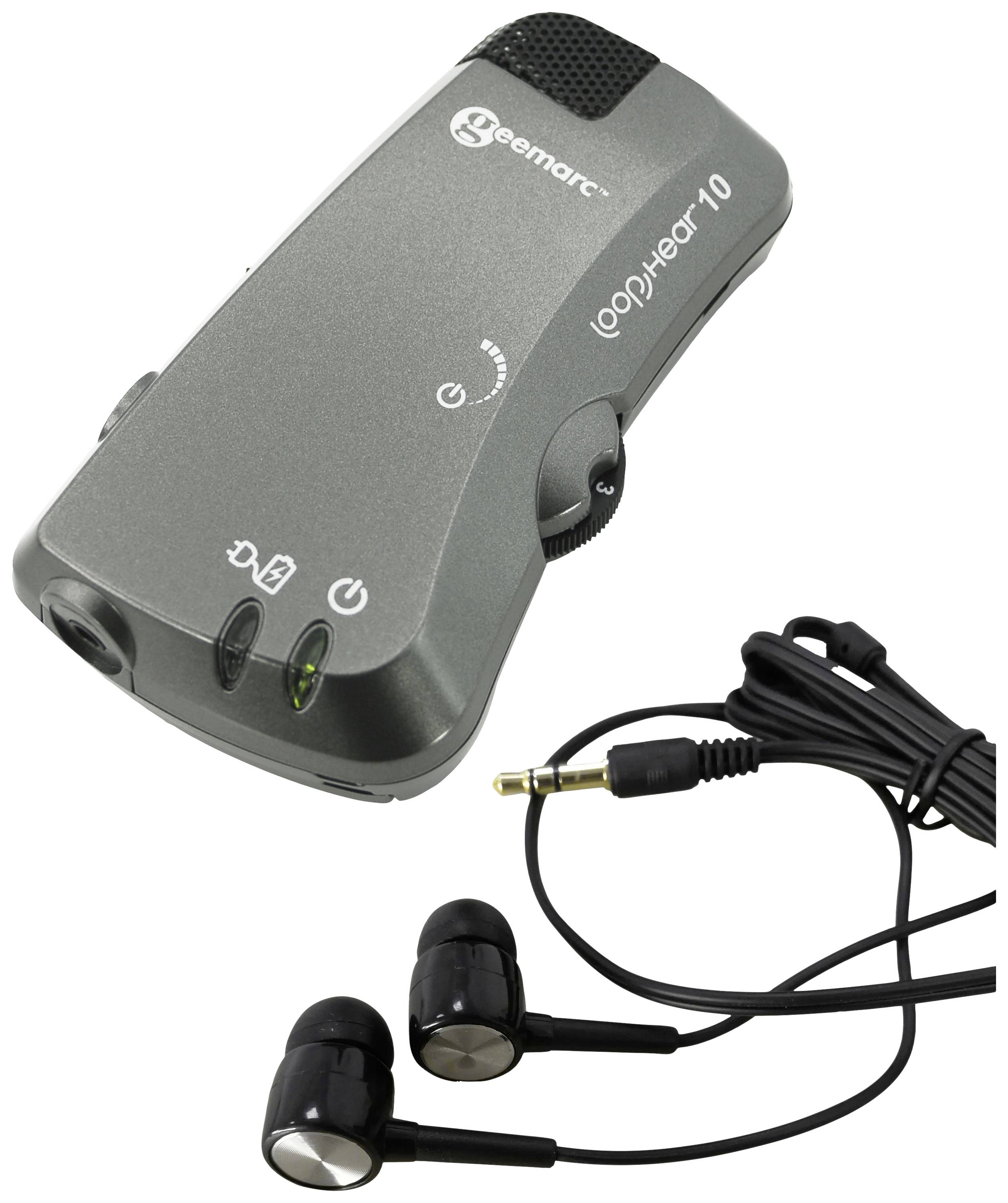 Un amplificateur auditif portable avec écouteurs et prise jack de 3,5 mm, modèle 'loopyHear 10', gris, avec un réglage de volume et des commandes.