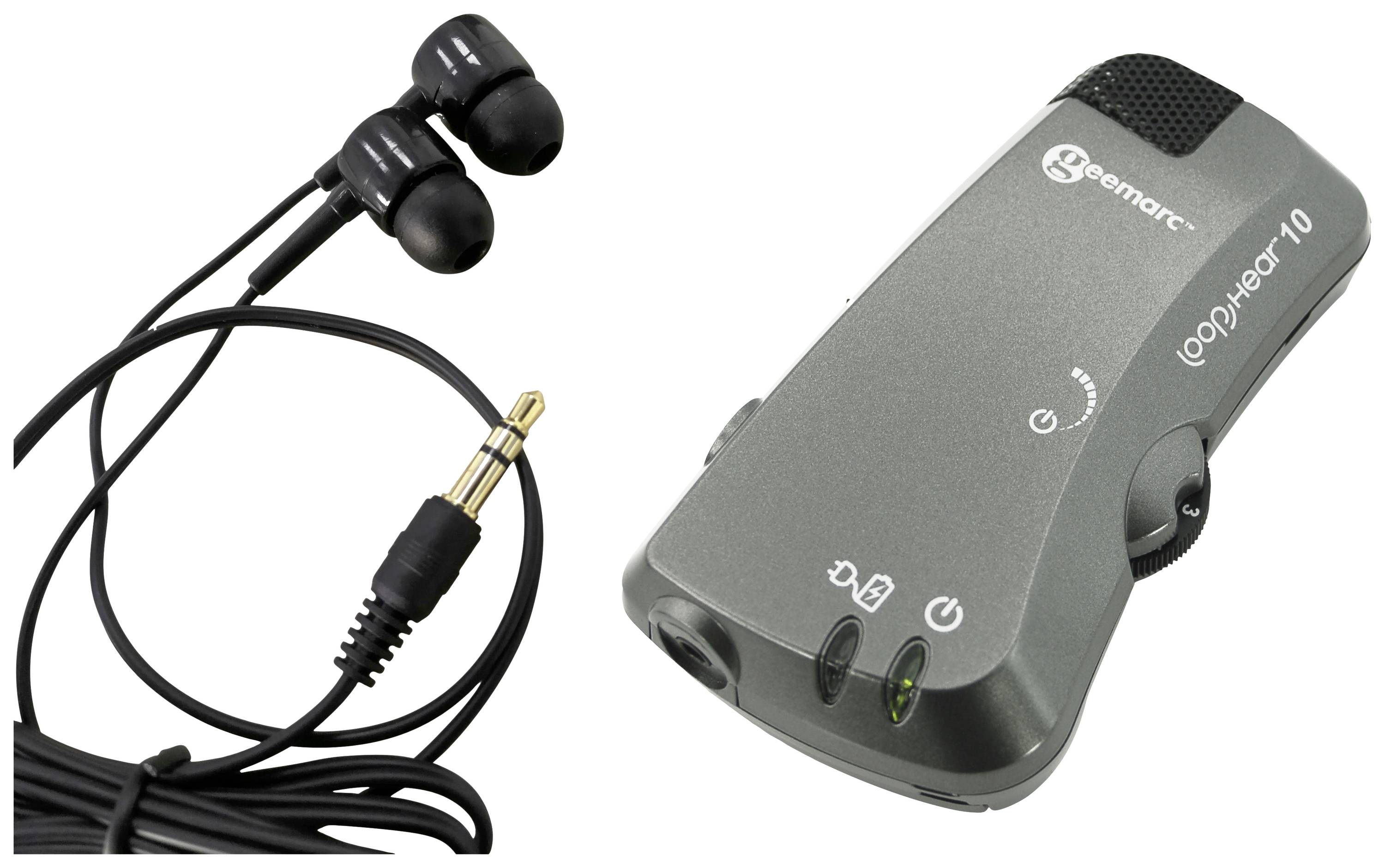 Un appareil auditif portable, composé d'un récepteur gris avec des commandes et une paire d'écouteurs intra-auriculaires noirs avec câble.