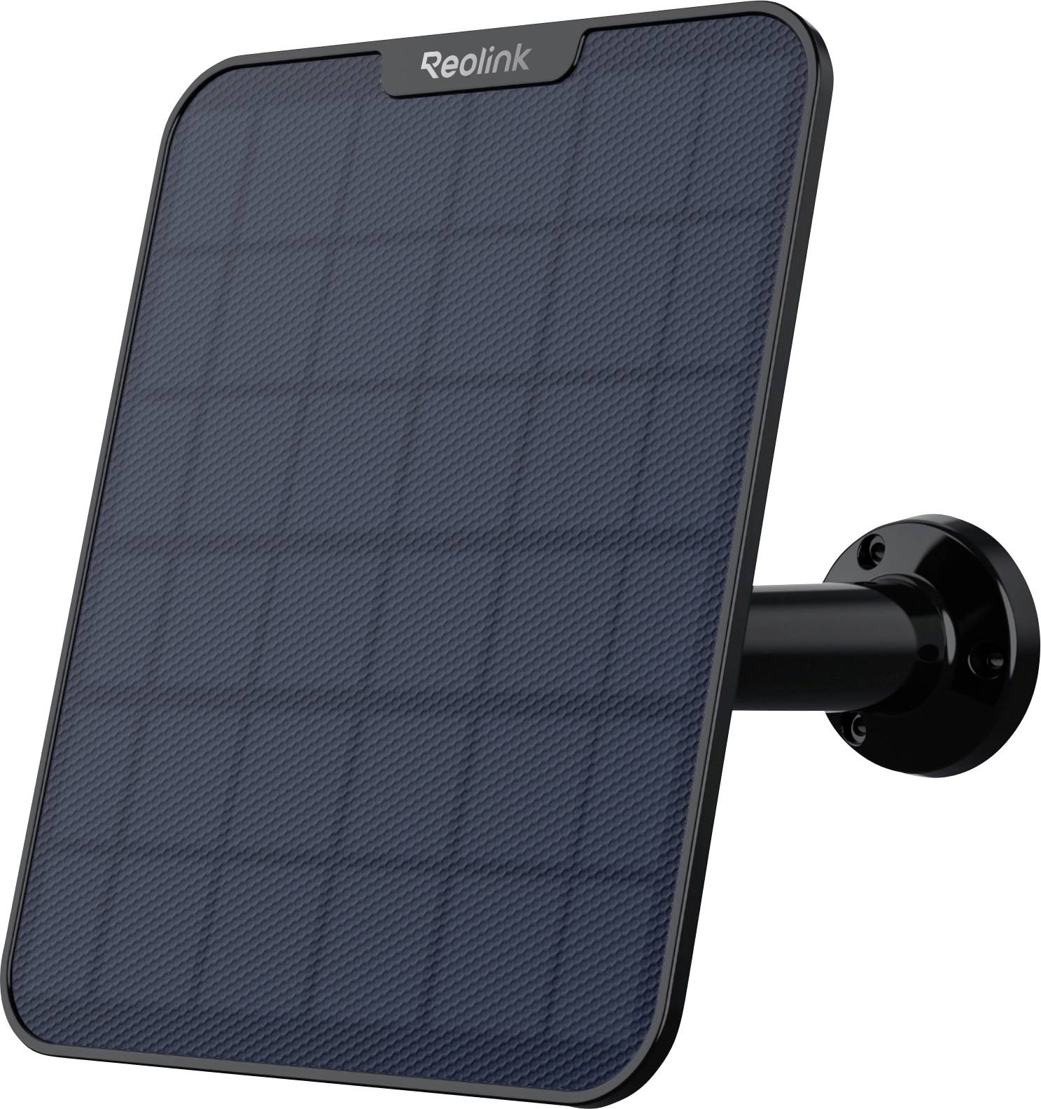 Un panneau solaire installé sur support, incliné vers le haut, conçu pour alimenter des caméras de sécurité, avec une grille texturée et un design compact.