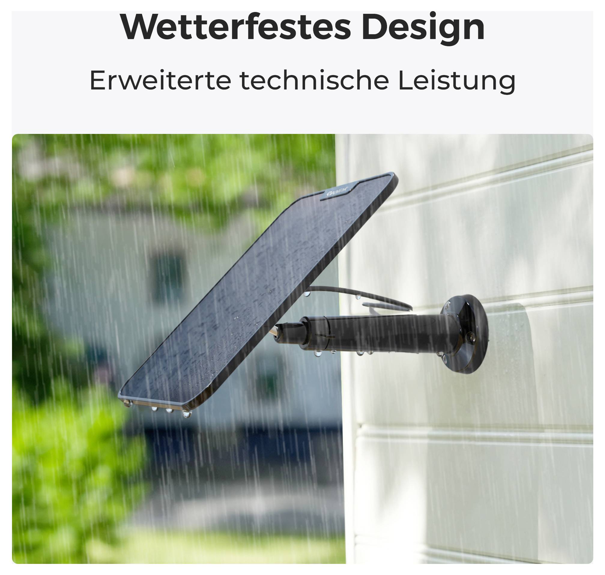 Une lampe solaire est montée sur un mur sous la pluie. Le texte au-dessus indique : « Design résistant aux intempéries. Performance technique avancée. »