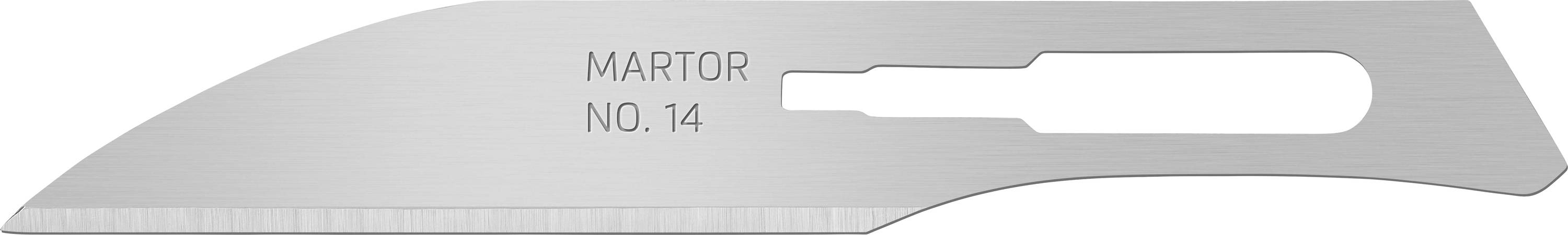 Un scalpel chirurgical de la marque MARTOR, lame n°14, avec un tranchant courbe et acéré.