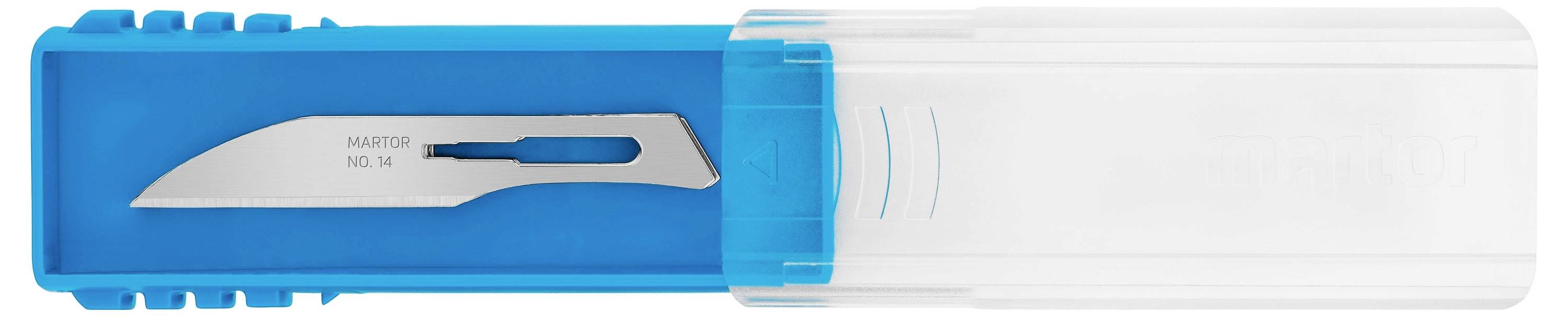 Un scalpel en acier inoxydable avec pointe de lame amovible dans un emballage en plastique bleu et transparent, portant la mention 'No. 24'.