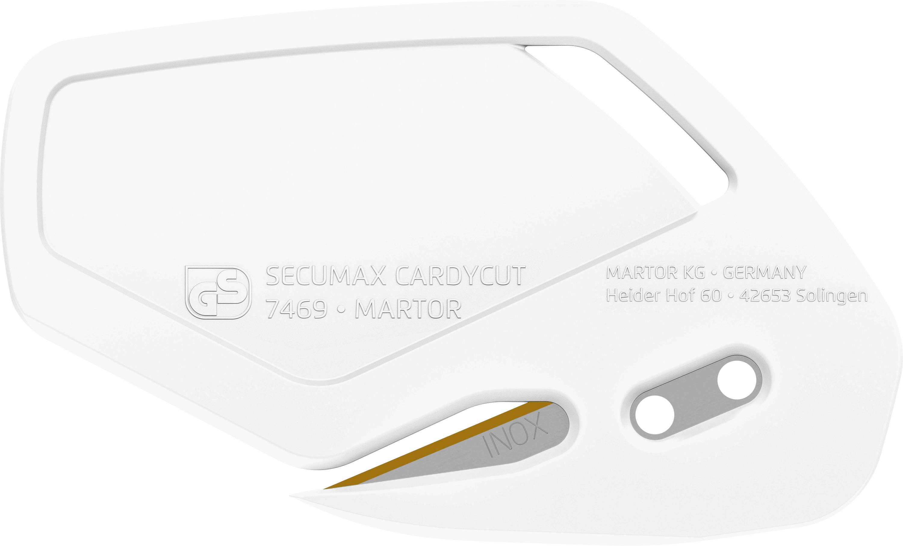 Un cutter de sécurité blanc portant l'inscription 'Secumax Cardycup 7469 - Martor', adapté aux travaux de coupe précis.
