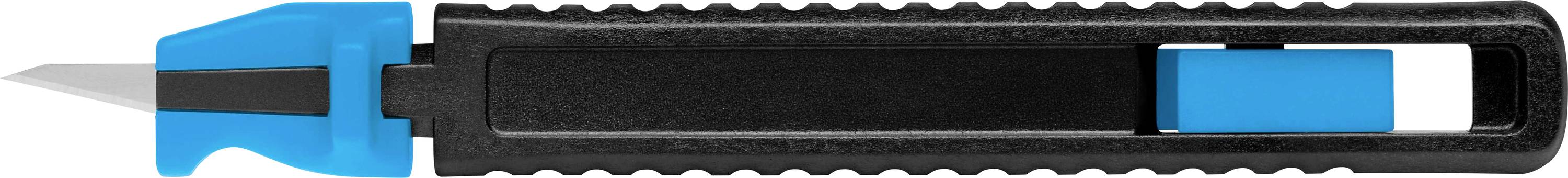 Un cutter bleu-noir avec une lame rétractable et une poignée texturée, posé horizontalement.