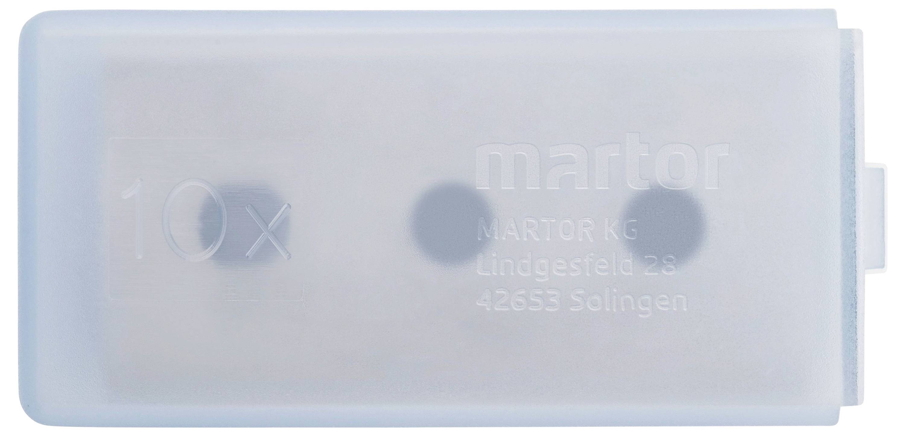'Lame MARTOR', récipient en plastique pour le rangement de lames portant l'inscription 'MARTOR KG, Lindgesfeld 28, 42653 Solingen'.