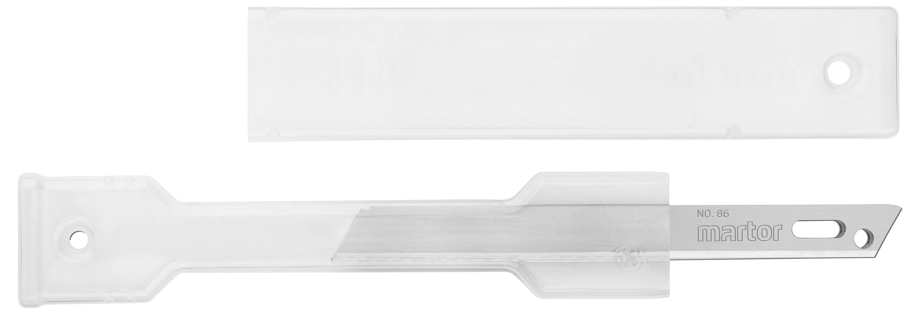 Un couteau de sécurité transparent avec une lame argentée est présenté avec un étui de protection transparent.