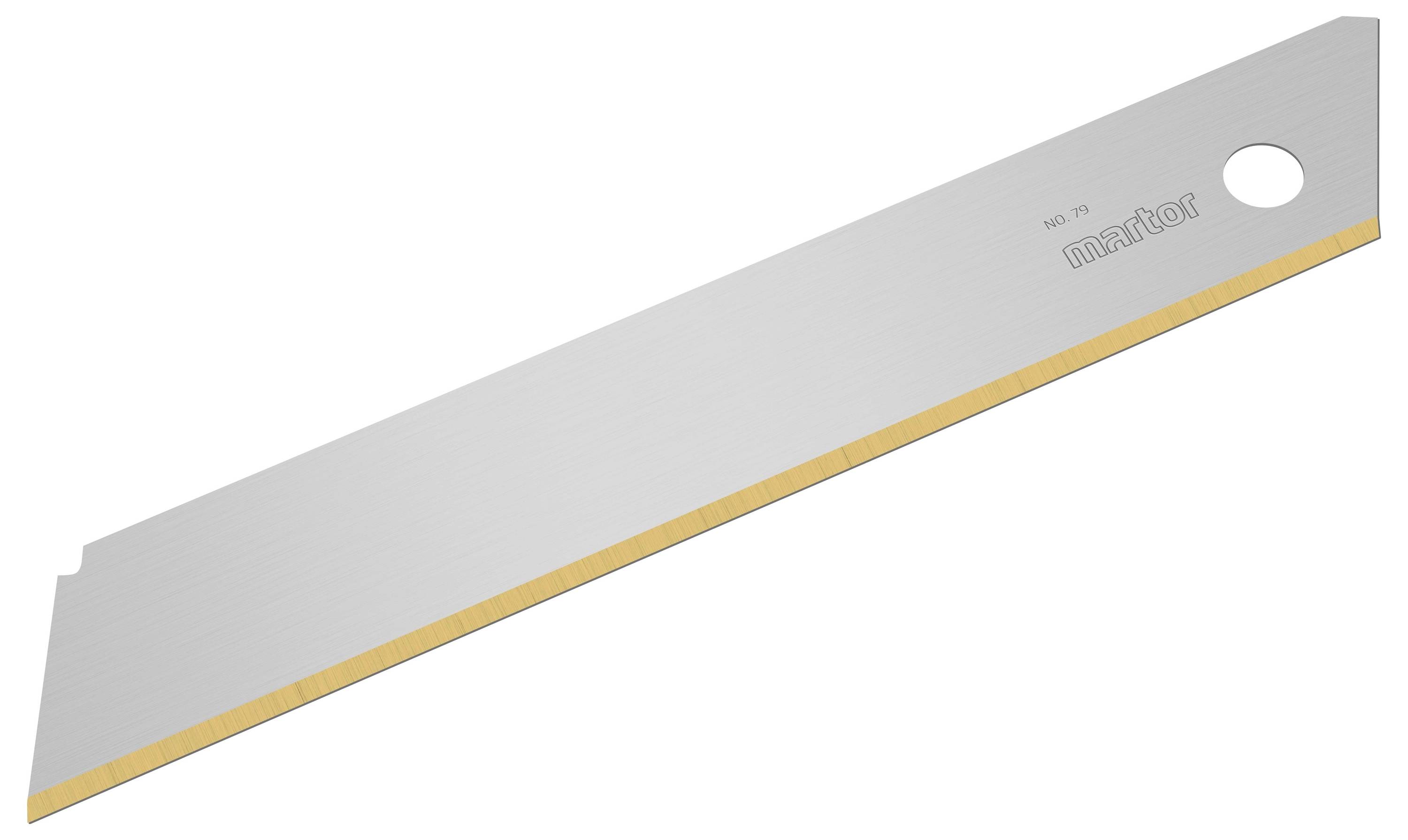 Une lame de rechange avec un trou à une extrémité et une bande de sécurité le long du tranchant. Principalement utilisée pour les outils de coupe.