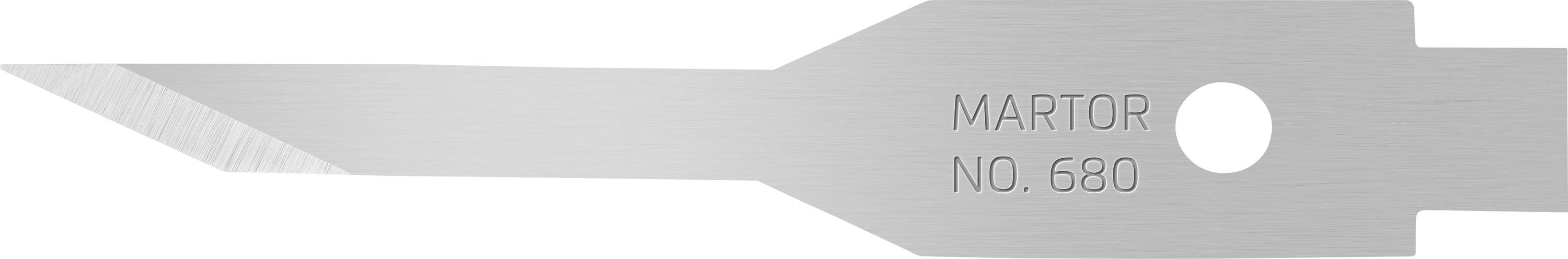Lame de rechange en argent gravée 'MARTOR NO. 680', effilée avec une encoche circulaire près de la base.