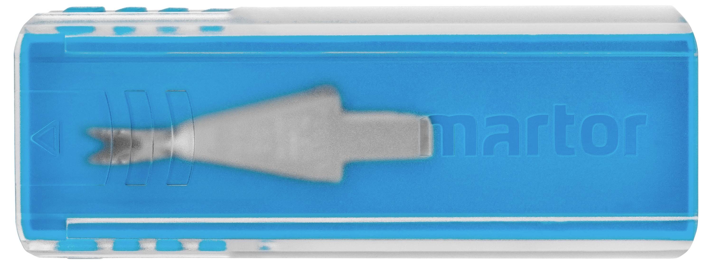 Un boîtier en plastique bleu contient une lame argentée. Il s'agit d'un couteau de sécurité, reconnaissable à sa protection de lame caractéristique.