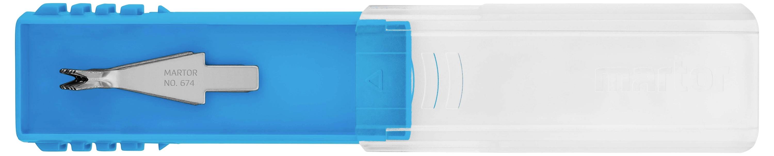 Dévidoir de trombones bleu et transparent avec pointe métallique, sur un fond blanc.