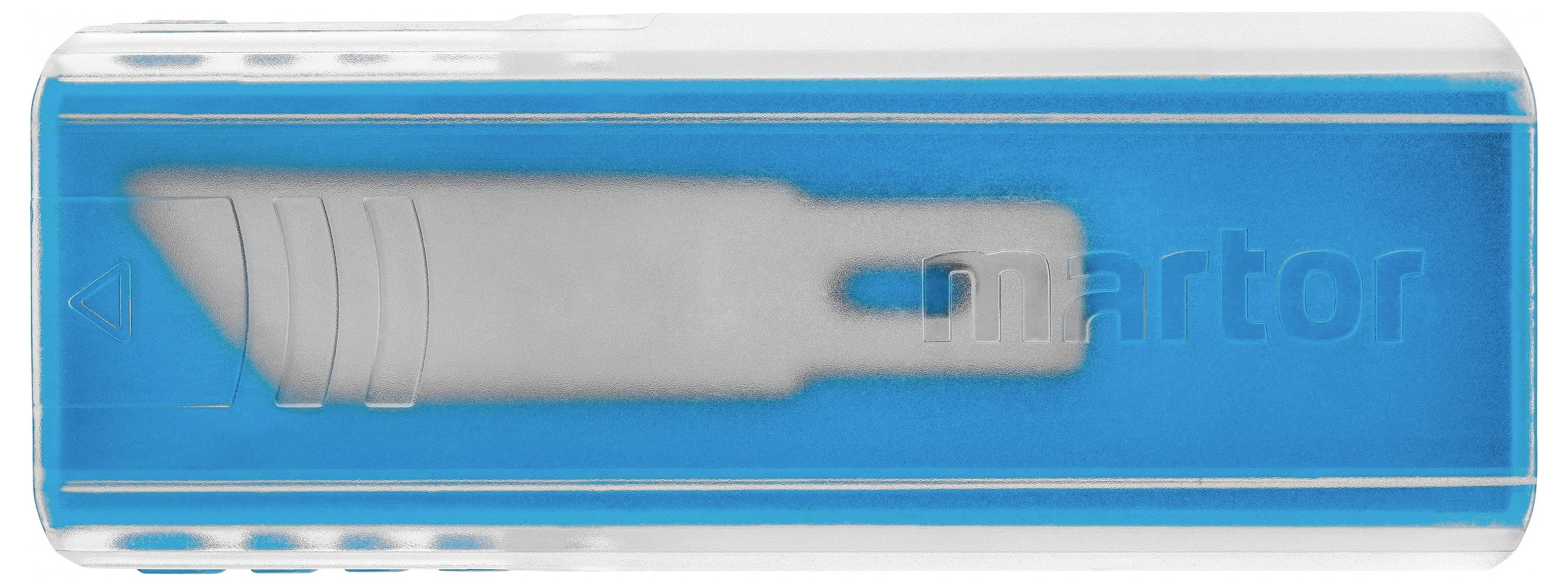 Un distributeur de lames jetables avec un boîtier bleu et une lame argentée visible à l'intérieur.