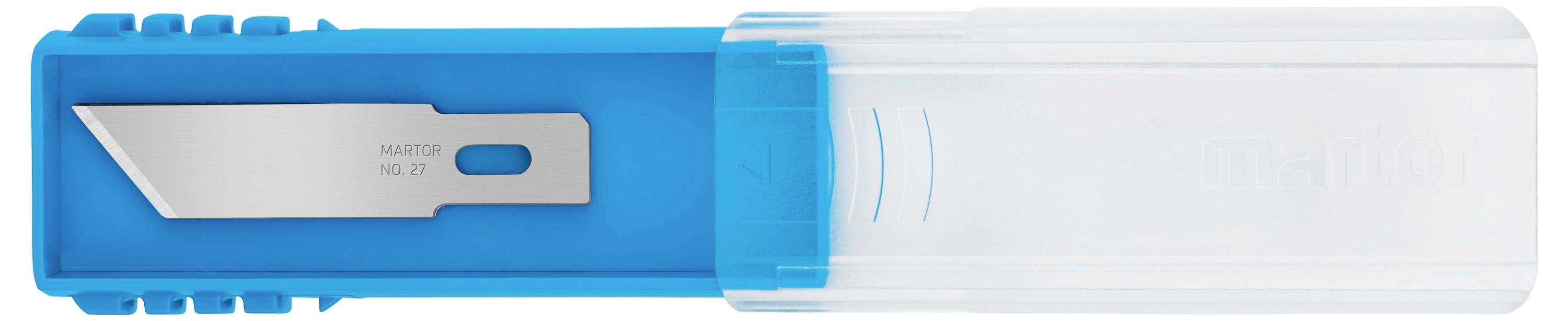 Un scalpel avec une lame dans un étui en plastique bleu, partiellement ouvert. L'étui possède une extrémité transparente de protection.